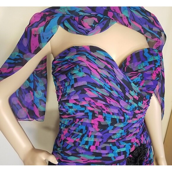 Vintage A J Bari Vibrant Knee Length Strapless Dress with Scarf Size 10      T44 - Picture 8 of 12